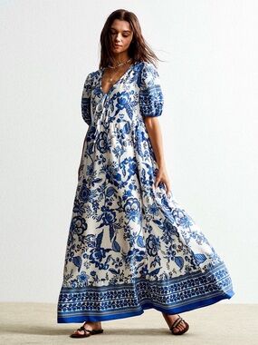 🩵Hello Gorgeous! Floral Print Tie-Neck Puff Sleeve Maxi Dress